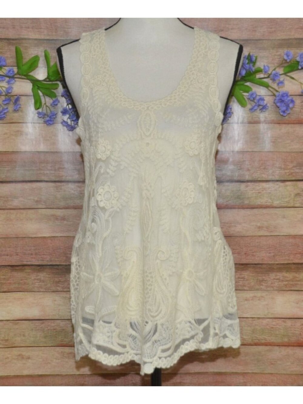 Tea N Rose Floral Lace Overlay Tank Top Size M Cotton Blend Shabby Chic Boho